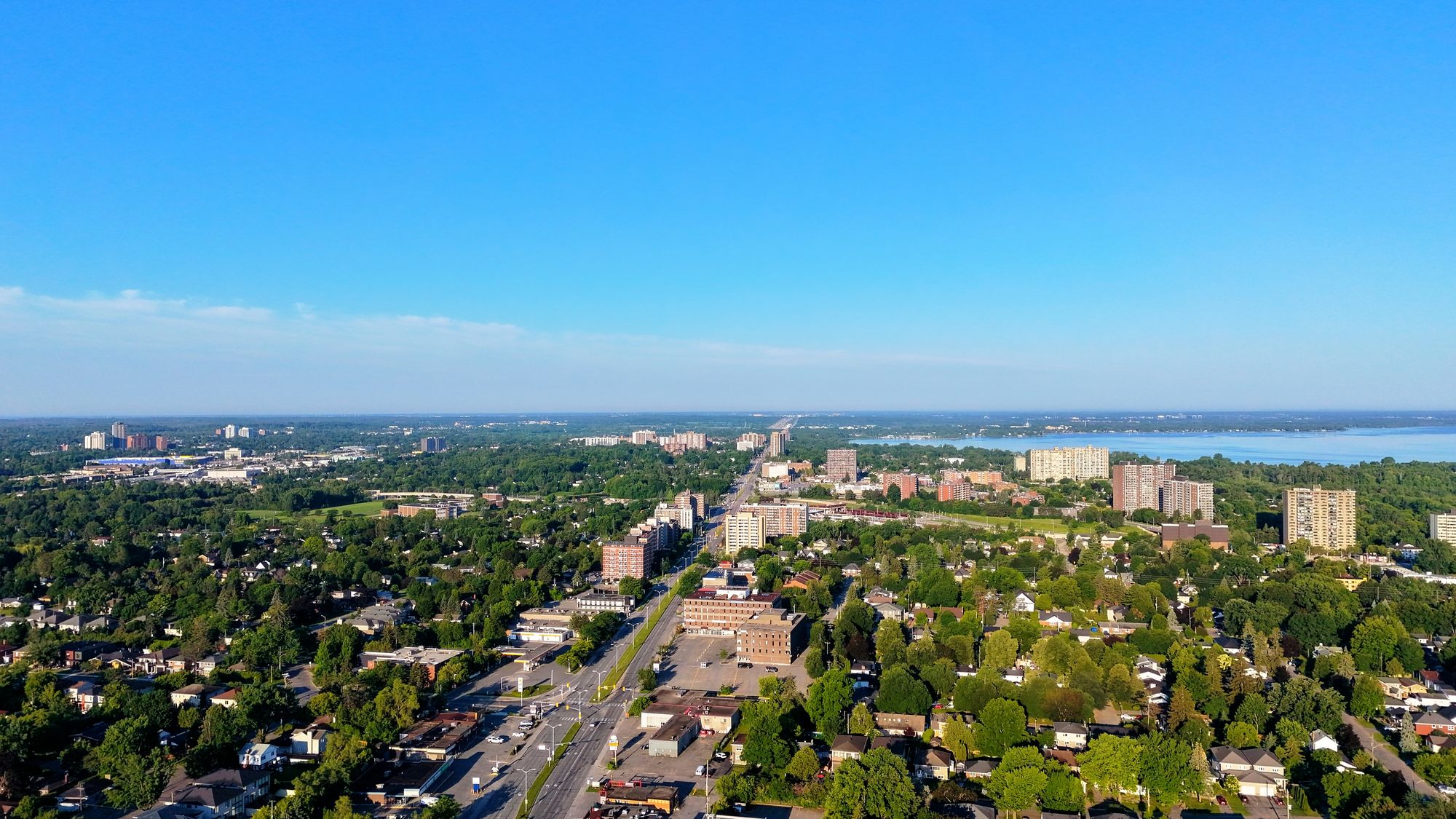 Aerial view of Barrie, Ontario with Kempenfelt Bay in the distance